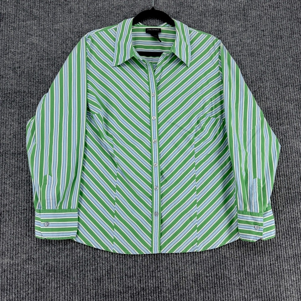 Lane‎ Bryant women's Y2K striped button down shirt green blue cotton 18/20
